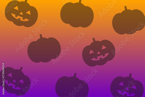 オレンジと紫のグラデーションにジャックオーランタンが並ぶハロウィン背景イラスト