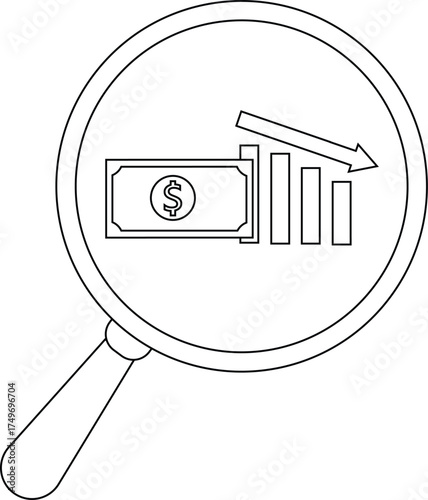 A magnifying glass focuses on a dollar bill and a descending bar graph indicating financial downturn