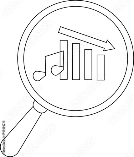 A magnifying glass focuses on a descending bar graph accompanied by a musical note and arrow