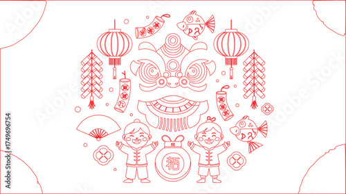 Red Outline Drawing Chinese New Year Decorations, Lanterns, Children, Lion Dance and Firecrackers