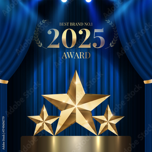 Best company of the year award with spotlight and curtains background. Best Award gold laurel wreath badge logo design tree star vector illustration isolated on different backgrounds.
