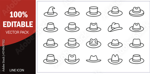 Line art icons of various hats and caps fedora cowboy hat