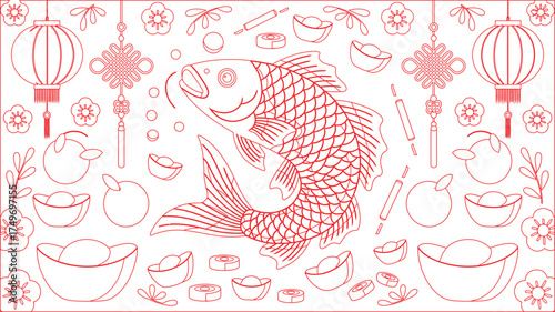 Red Outline Drawing of Chinese New Year Motifs Fish, Lanterns, Ingots, Flowers and Candies