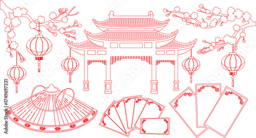 Red Outline Drawing of Traditional Chinese Elements Temple Gate, Lanterns, Hat, Cards and Plum Blossoms