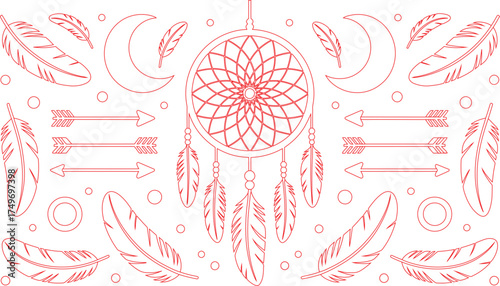 Red Outline Dreamcatcher with Feathers, Crescent Moons, and Arrows Against a White Background