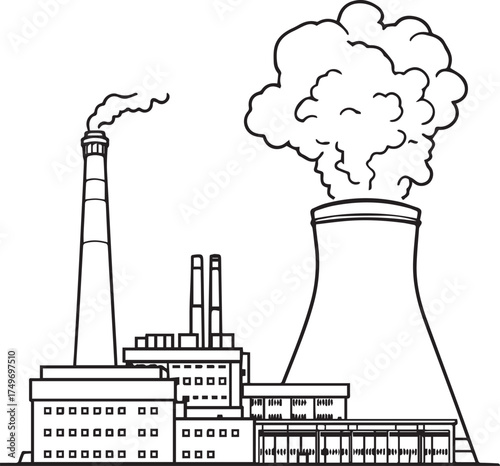 Industrial power plant with smokestack and cooling tower, black and white vector illustration for energy