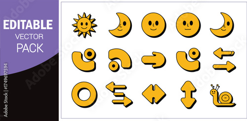 Yellow cartoon icons of sun moon faces arrows and snail