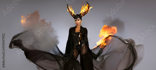 Billede på lærred Dark Fantasy Villainess with Flaming Horns – Seductive Halloween Costume of a Fi