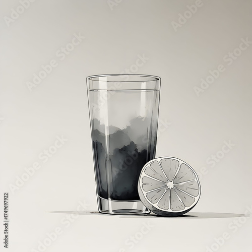 Refreshing Citrus Harmony: A crisp, invigorating illustration of a transparent glass filled with water, complemented by a half-sliced lemon, evoking a sense of refreshment and simplicity.