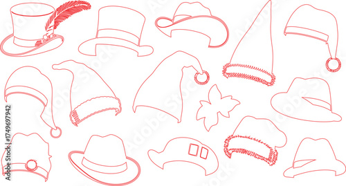 Red Outline Hats Collection Top Hats, Santa Hats, Fedora Hats, and More