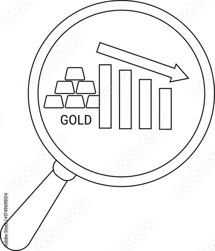 Magnifying glass highlights gold bars and a downward trend bar graph