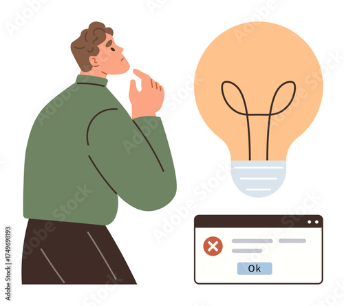 Thoughtful man next to glowing light bulb and error window suggesting ideas, failure, and solutions. Ideal for problem-solving, brainstorming, innovation, creativity, analysis, decision-making