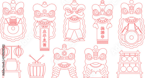 Red Outline Illustration of Chinese Lion Dance Heads and Traditional Instruments for Celebrations