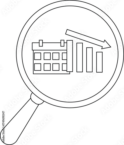 Magnifying glass over calendar bars and descending arrow suggests timesensitive decline analysis