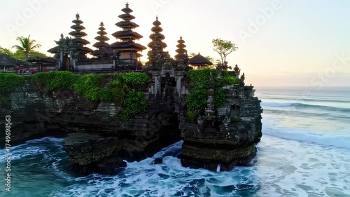 Tanah Lot Temple in Bali, Indonesia, a beautiful Hindu temple on a rock formation in the ocean at sunset.