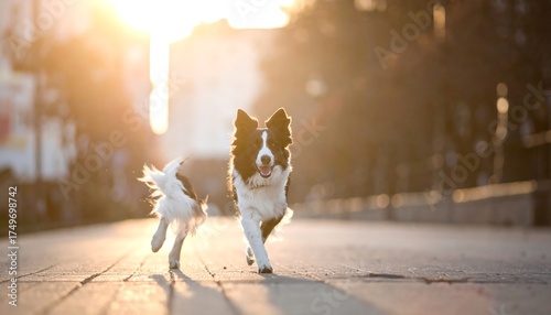 A black and white dog runs happily towards the viewer on a sunlit urban street. The background is blurred and bright