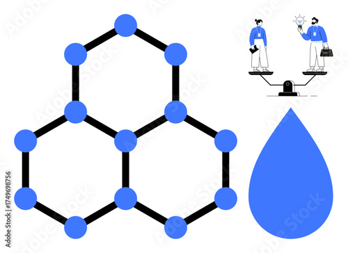 Molecular hexagonal structure, business characters balancing innovation and sustainability on scale, water droplet. Ideal for science, chemistry, sustainability, innovation, energy efficiency
