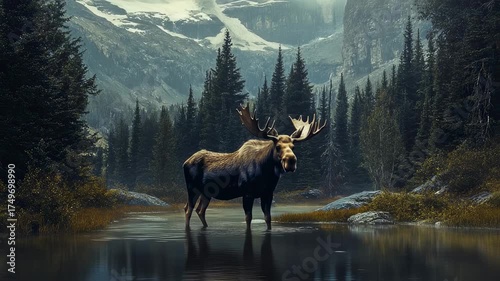Majestic moose stands in serene lake surrounded by evergreen forest and misty mountain landscape