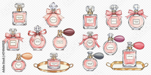 Elegant watercolor illustration set of vintage pink perfume bottles with bows and atomizers on a transparent background.