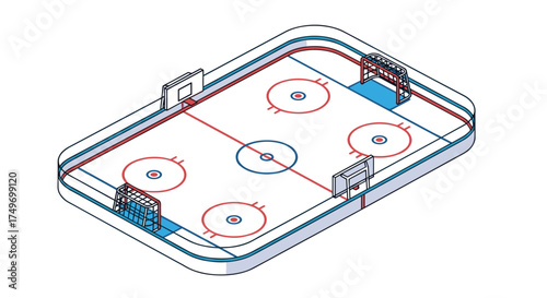 Detailed schematic of an ice hockey rink with markings and goals for gameplay.
