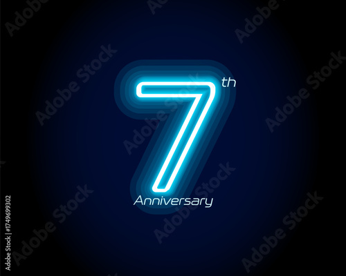 Blue neon number seven years, 7 anniversary logo on black background. Shiny luminous jubilee sign for celebration emblem of cyber event party, digital startup, gambling icon. Vector illustration.