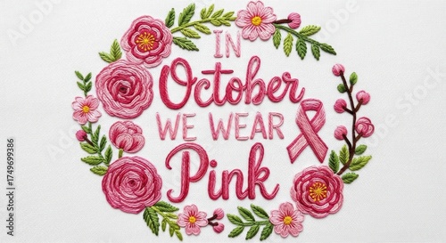 Embroidered Floral Wreath In October We Wear Pink Breast Cancer Ribbon