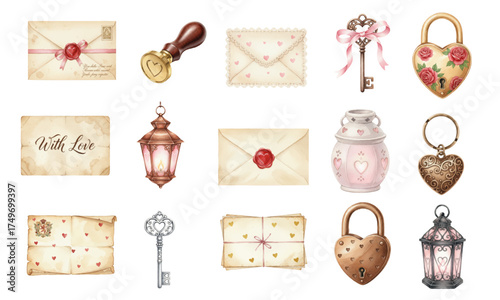 Vintage Watercolor Love Set – Letters, Keys and Heart Locks