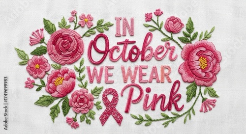 Pink Embroidered Flowers In October We Wear Pink Breast Cancer Design