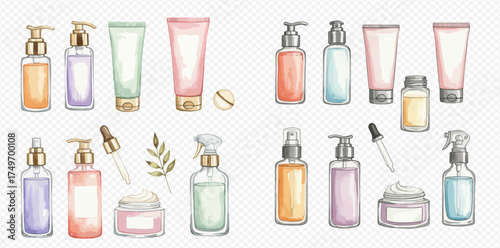 Watercolor illustration of various pastel cosmetic and skincare products in different bottles, tubes, and jars, including lotions, serums, and creams.