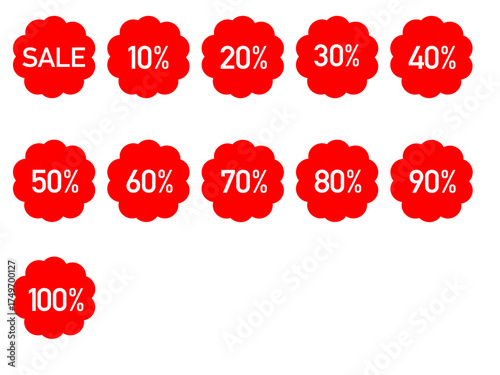 Red discount labels set – vector sale stickers from 10% to 100% off for special offers and promotions	