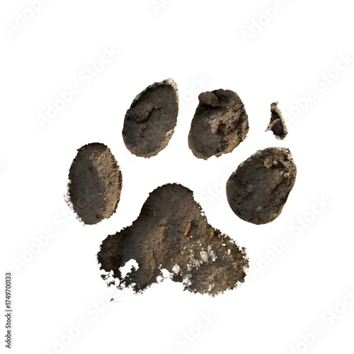 Muddy dog paw print, isolated on transparent background, showing the detail of the paw and the mud in the print