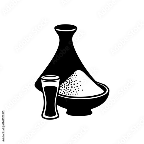 Stylized black and white illustration featuring a vase, a bowl filled with granules, and a glass of liquid.