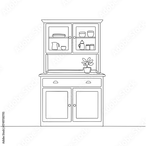 Kitchen hutch in a continuous one-line drawing style, black and white, representing home furniture and interior design, with copy space.