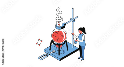 A scientist is conducting an experiment in a laboratory with beakers and scientific equipment.