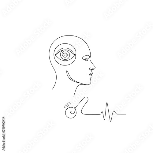 Hypnosis concept with spiral eye and heartbeat pulse in a one-line drawing style, black and white, representing psychology and therapy, with copy space
