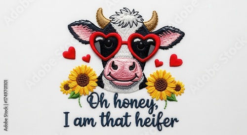 Cute cow wearing heart sunglasses with sunflowers and text