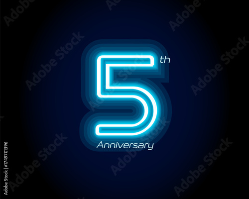 Blue neon number fifth years, 5th anniversary logo on black background. Shiny luminous jubilee sign for celebration emblem of cyber event party, digital startup, gambling icon. Vector illustration.