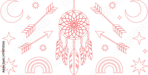 Red Outlined Dream Catcher with Arrows, Moons, Rainbows, and Stars on a White Background
