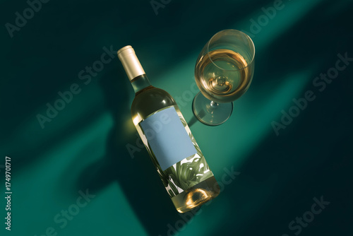 Elegant flat lay of white wine bottle and glass with tropical label on green background, modern luxury