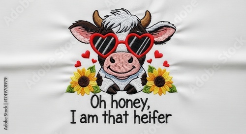 Sitting cow with heart sunglasses and sunflowers embroidery