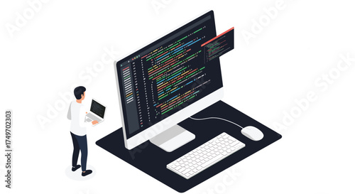 A programmer analyzes complex code on a large monitor showcasing a software development process.  