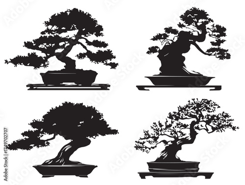 Beautiful Bonsai Tree Silhouettes in Japanese 2D Vector Line Art