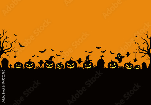 Vector illustration of a spooky Halloween night in a cemetery with glowing jack-o'-lanterns, flying bats, and ghosts