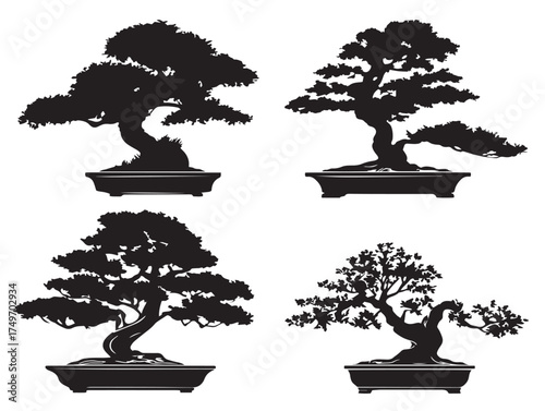 Minimalist Bonsai Tree Collection in Elegant 2D Vector Line Art