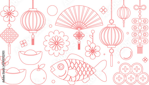 Red Outlines of Chinese New Year Symbols Lanterns, Fan, Gold Ingots, and Lucky Elements