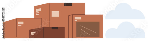 Pile of brown cardboard boxes of varying sizes stacked together beside light clouds. Ideal for delivery, logistics, packaging, shipping, warehouse storage, e-commerce, minimal design, simple flat