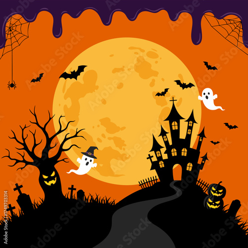 Spooky Halloween night with a haunted house, full moon, ghosts, and bats on a festive orange cartoon vector background illustration 9