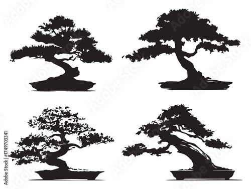 Classic Bonsai Tree Shapes for Aesthetic 2D Vector Line Art