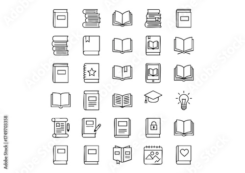 Library Essentials: Vector Line Art Icons of Books and Reading, Diverse Book Styles: Minimalist Black & White Outline Icons Collection, Educational Graphics: Vector Icons for Literature, Learnin