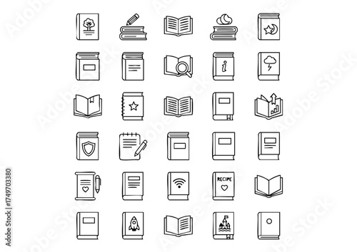 Library Essentials: Vector Line Art Icons of Books and Reading, Diverse Book Styles: Minimalist Black & White Outline Icons Collection, Educational Graphics: Vector Icons for Literature, Learnin